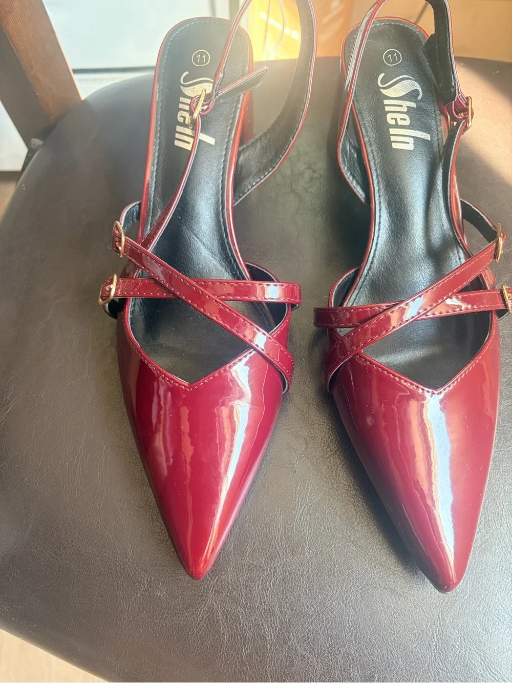 SHEIN Burgundy Patent Slingback Block Heel Pumps with Gold Buckles